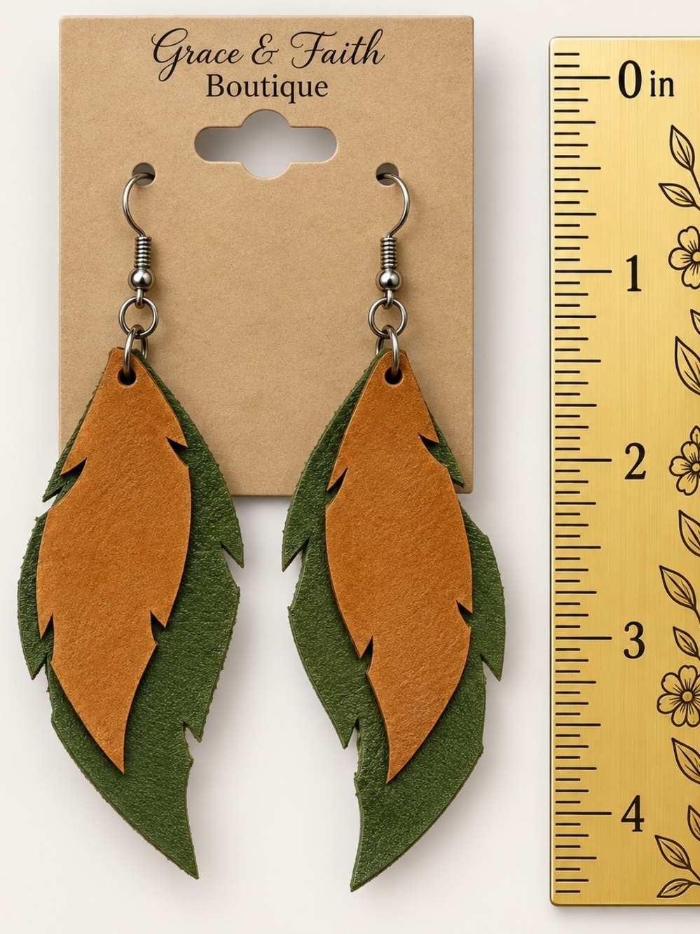 Green and Tan Layered Leather Feather Earrings